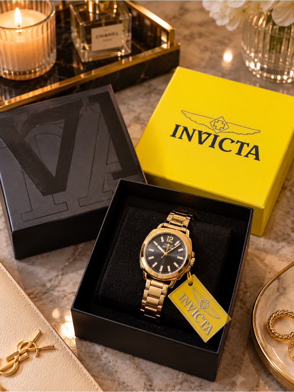 Invicta Wildflower Women’s Gold Black Dial 32mm Watch NWT